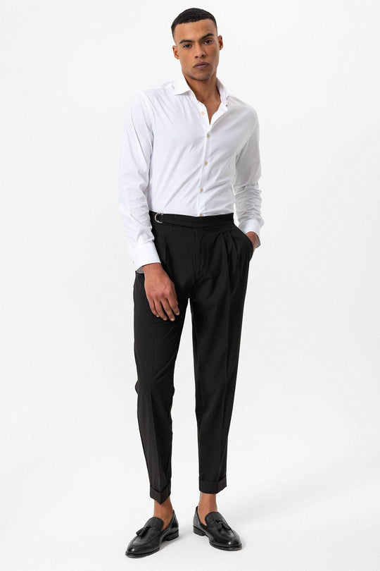Men's Dark Brown High-Waist Buckle Closure Pleated Pants - Wessi