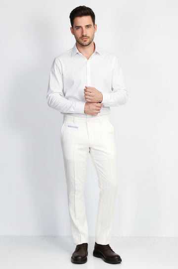 White Solid Slim Fit Dress Trousers – Wessi