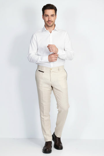 Cream Solid Slim Fit Dress Trousers – Wessi
