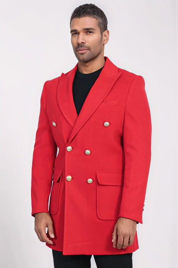 Metal Buttoned Double Breasted Burgundy Men Coat - Wessi