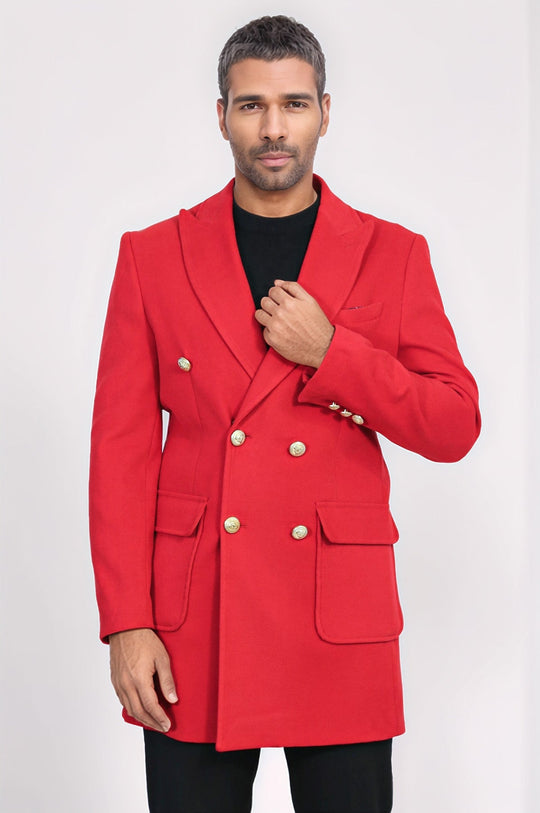 Metal Buttoned Double Breasted Burgundy Men Coat - Wessi