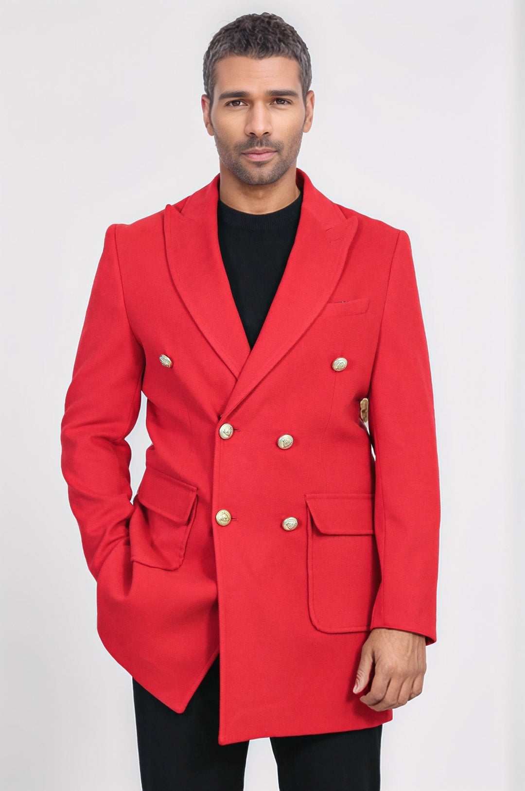 Metal Buttoned Double Breasted Burgundy Men Coat - Wessi