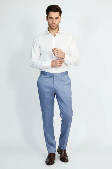 Light Blue Solid Slim Fit Dress Trousers – Wessi