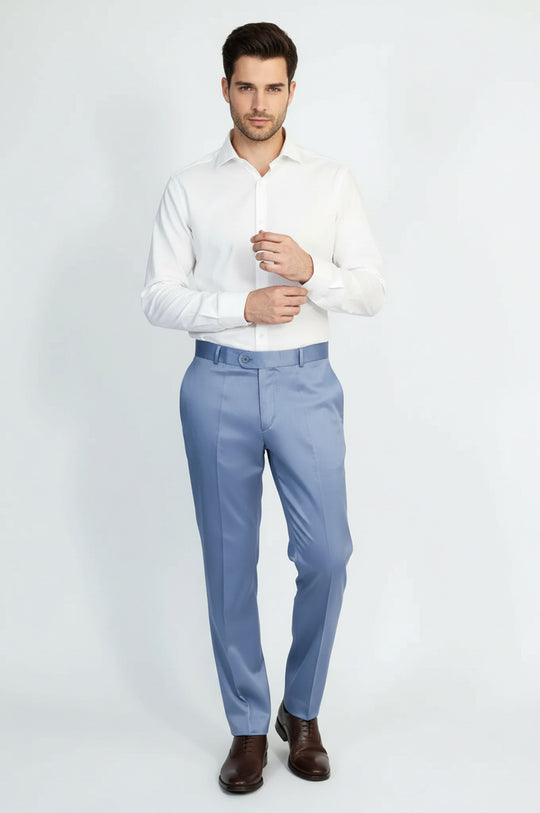 Light Blue Solid Slim Fit Dress Trousers – Wessi