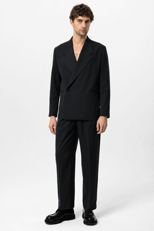 Men's Black High-Waisted Buckle Detail Relaxed Fit  Pants - Wessi