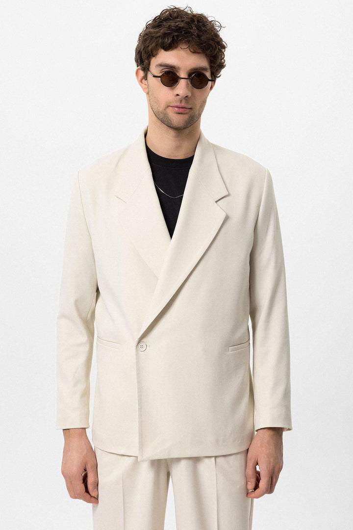 Men's Ecru Double-Breasted Flap Pocket  Blazer - Wessi