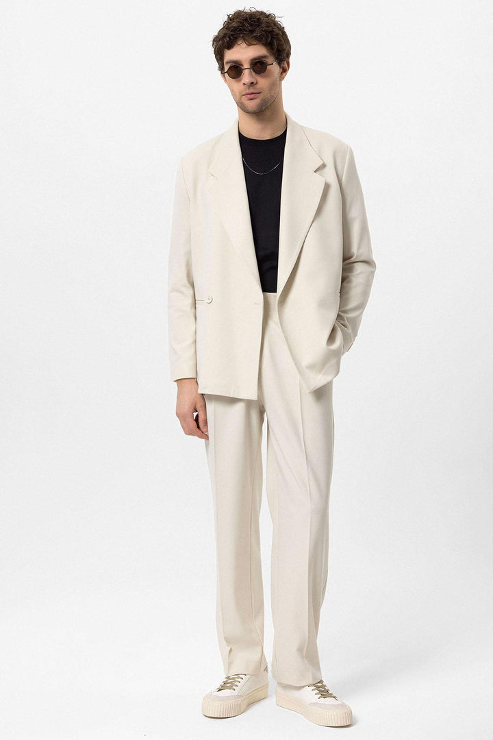 Men's Ecru Double-Breasted Flap Pocket  Blazer - Wessi