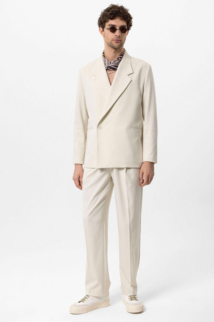 Men's Ecru Double-Breasted Flap Pocket  Blazer - Wessi