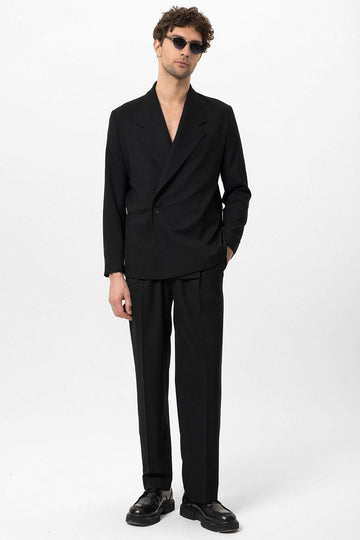 Men's Black High-Waisted Buckle Detail Relaxed Fit  Pants - Wessi