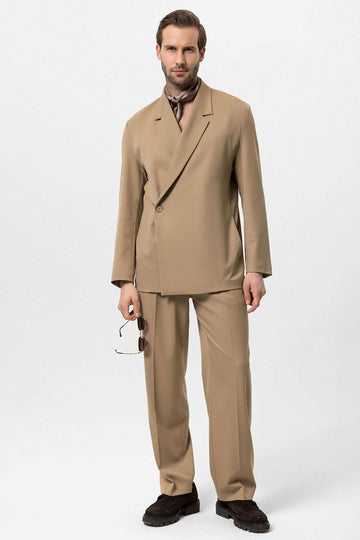 Men's Camel Double-Breasted Hidden Pocket  Blazer - Wessi