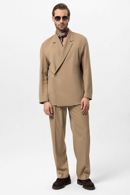 Men's Camel Double-Breasted Hidden Pocket  Blazer - Wessi
