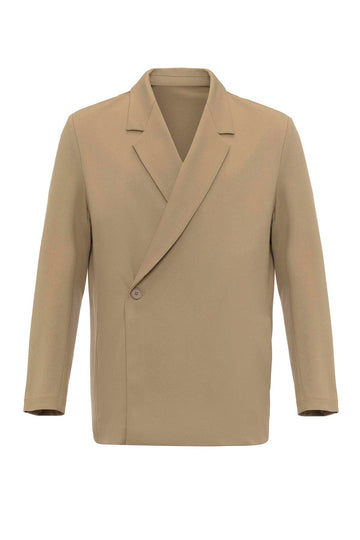 Men's Camel Double-Breasted Hidden Pocket  Blazer - Wessi