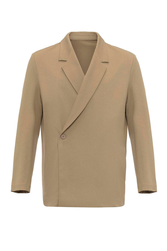 Men's Camel Double-Breasted Hidden Pocket  Blazer - Wessi
