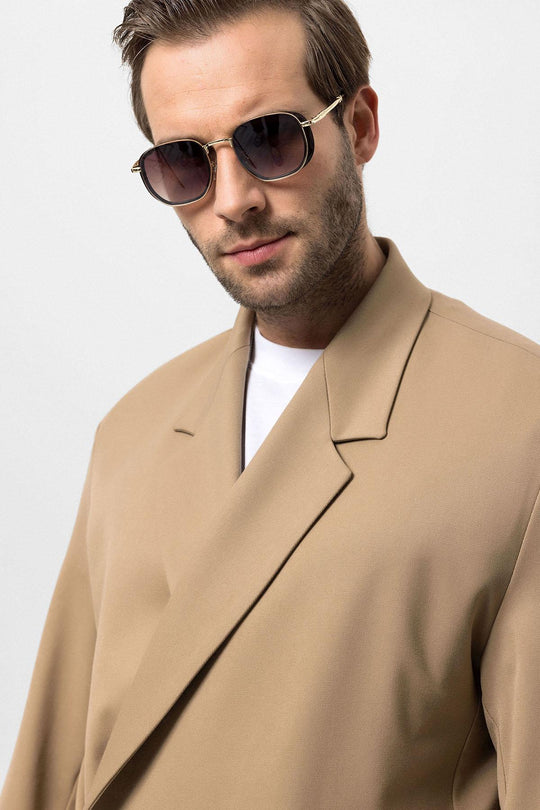 Men's Camel Double-Breasted Hidden Pocket  Blazer - Wessi
