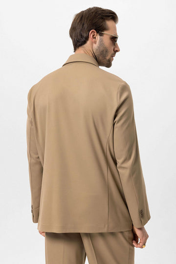 Men's Camel Double-Breasted Hidden Pocket  Blazer - Wessi