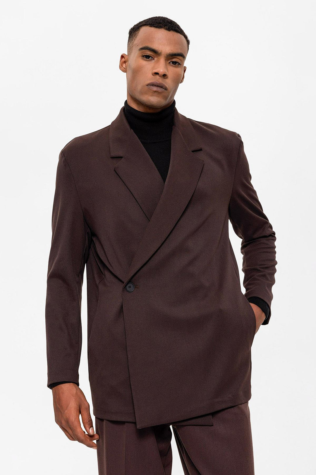 Men's Dark Brown Double Breasted Closure Hidden Pocket  Blazer Jacket - Wessi