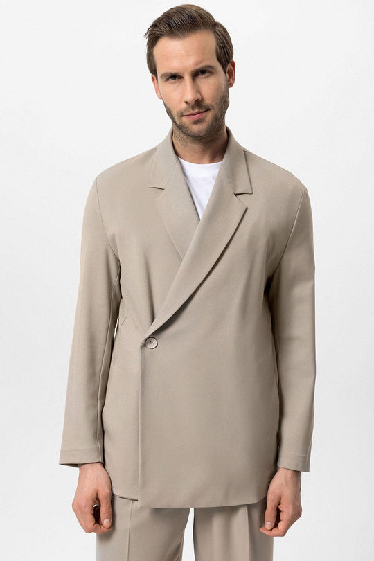 Men's Beige Double-Breasted Hidden Pocket  Blazer - Wessi