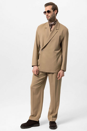Men's Camel Double-Breasted Hidden Pocket  Blazer - Wessi