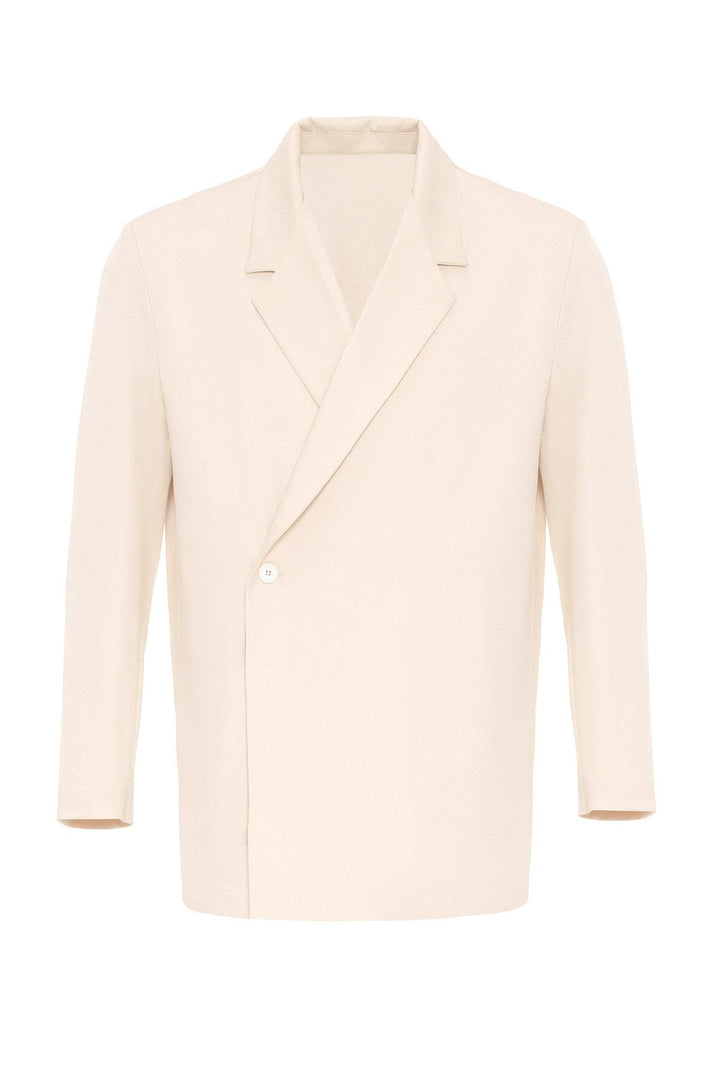 Men's Ecru Double Breasted Closure Hidden Pocket  Blazer Jacket - Wessi