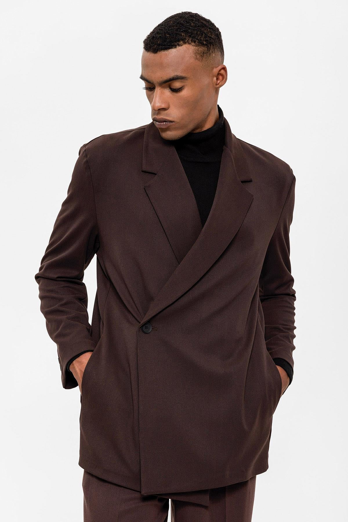 Men's Dark Brown Double-Breasted Hidden Pocket Blazer Jacket
