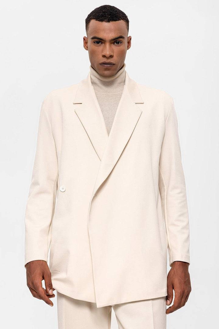 Men's Ecru Double Breasted Closure Hidden Pocket  Blazer Jacket - Wessi