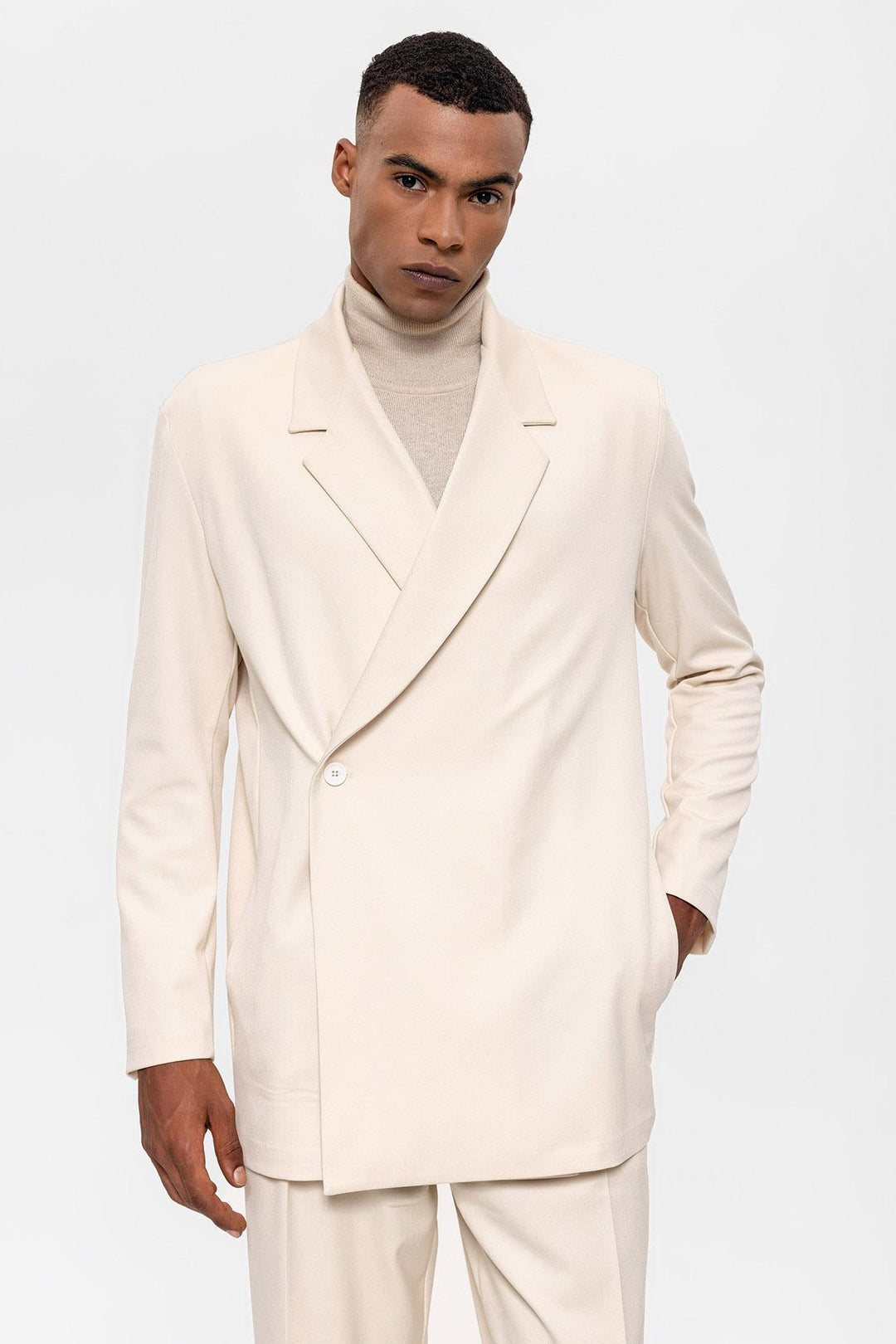 Men's Ecru Double Breasted Closure Hidden Pocket  Blazer Jacket - Wessi