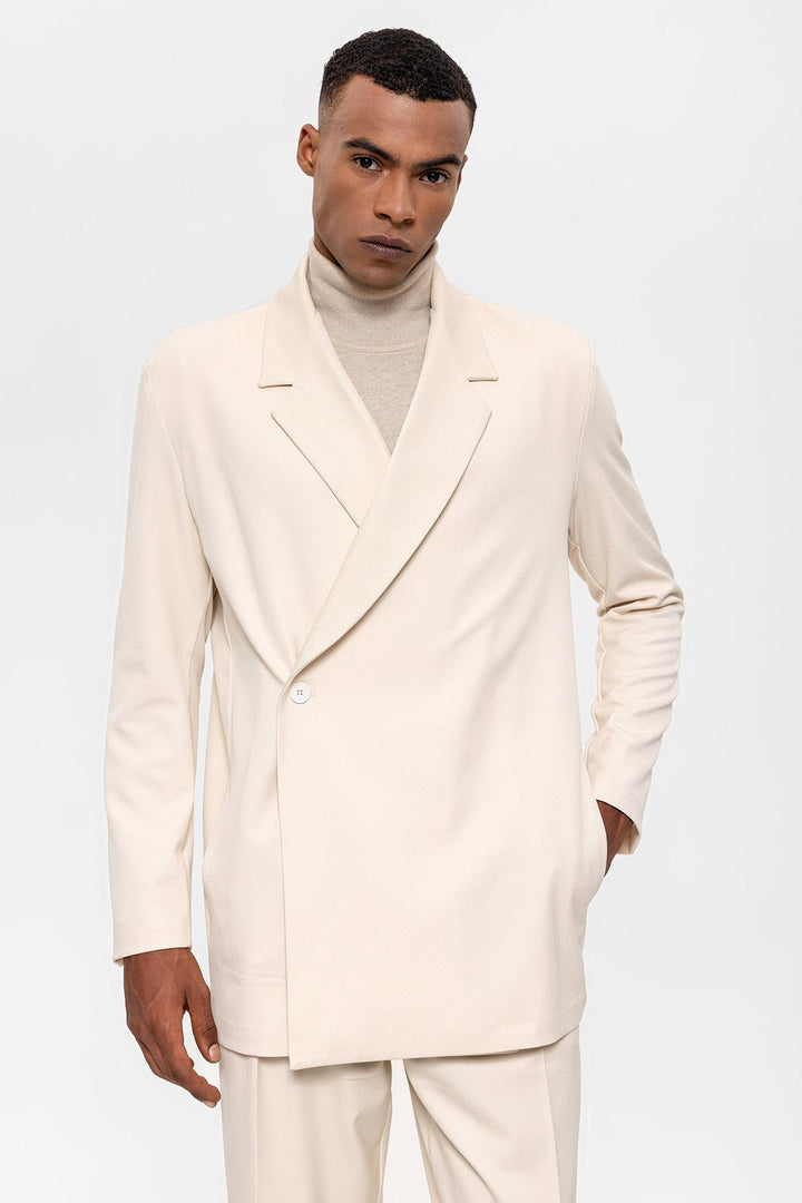 Men's Ecru Double Breasted Closure Hidden Pocket  Blazer Jacket - Wessi