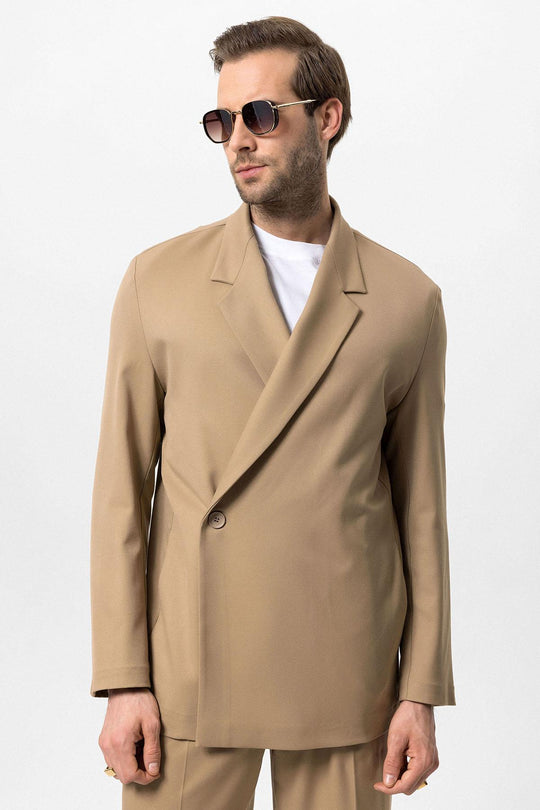 Men's Camel Double-Breasted Hidden Pocket  Blazer - Wessi