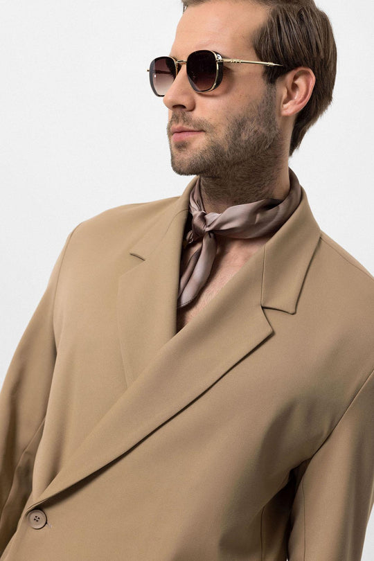 Men's Camel Double-Breasted Hidden Pocket  Blazer - Wessi