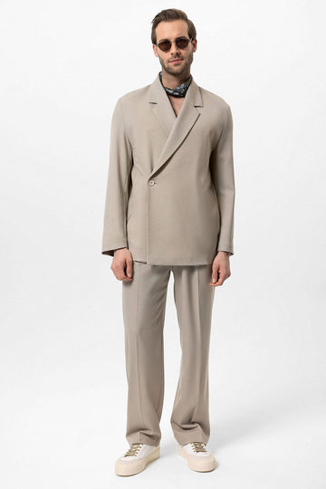 Men's Beige Double-Breasted Hidden Pocket  Blazer - Wessi
