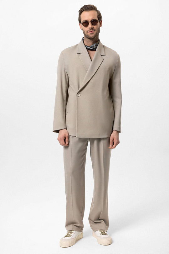 Men's Beige Double-Breasted Hidden Pocket  Blazer - Wessi