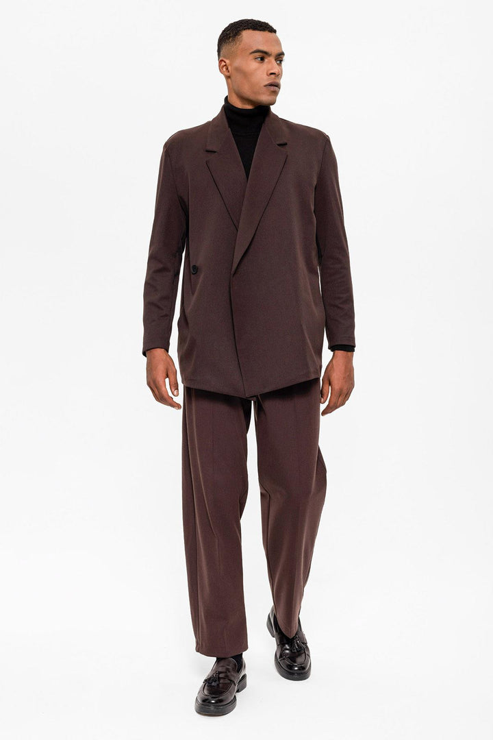 Men's Dark Brown Double Breasted Closure Hidden Pocket  Blazer Jacket - Wessi