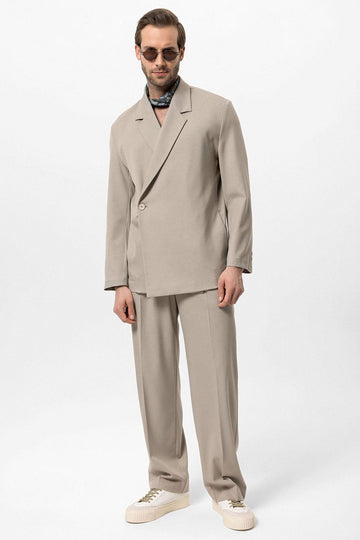 Men's Beige Double-Breasted Hidden Pocket  Blazer - Wessi