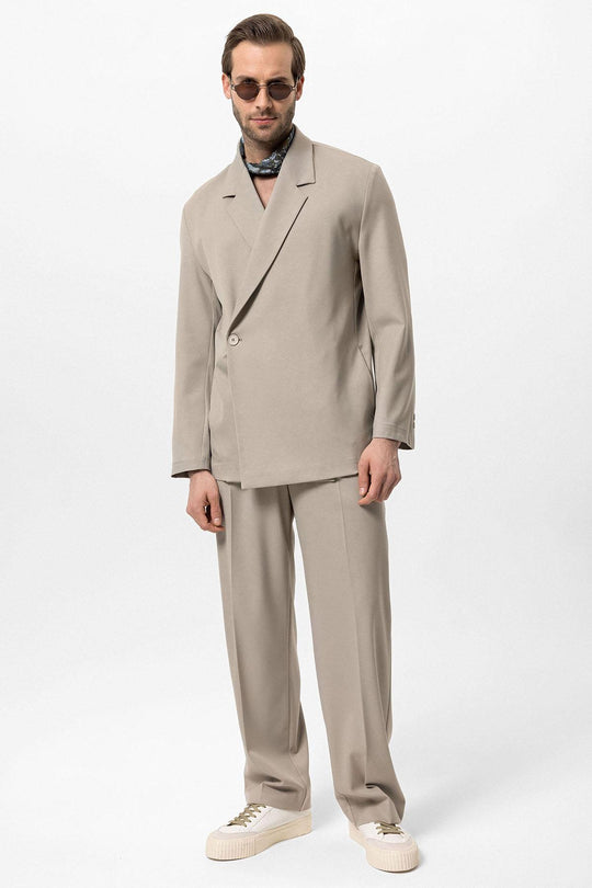 Men's Beige Double-Breasted Hidden Pocket  Blazer - Wessi