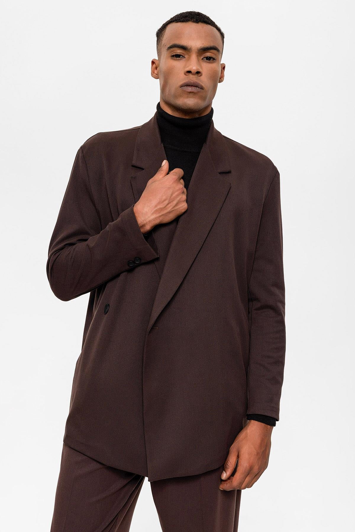 Men's Dark Brown Double-Breasted Hidden Pocket Blazer Jacket