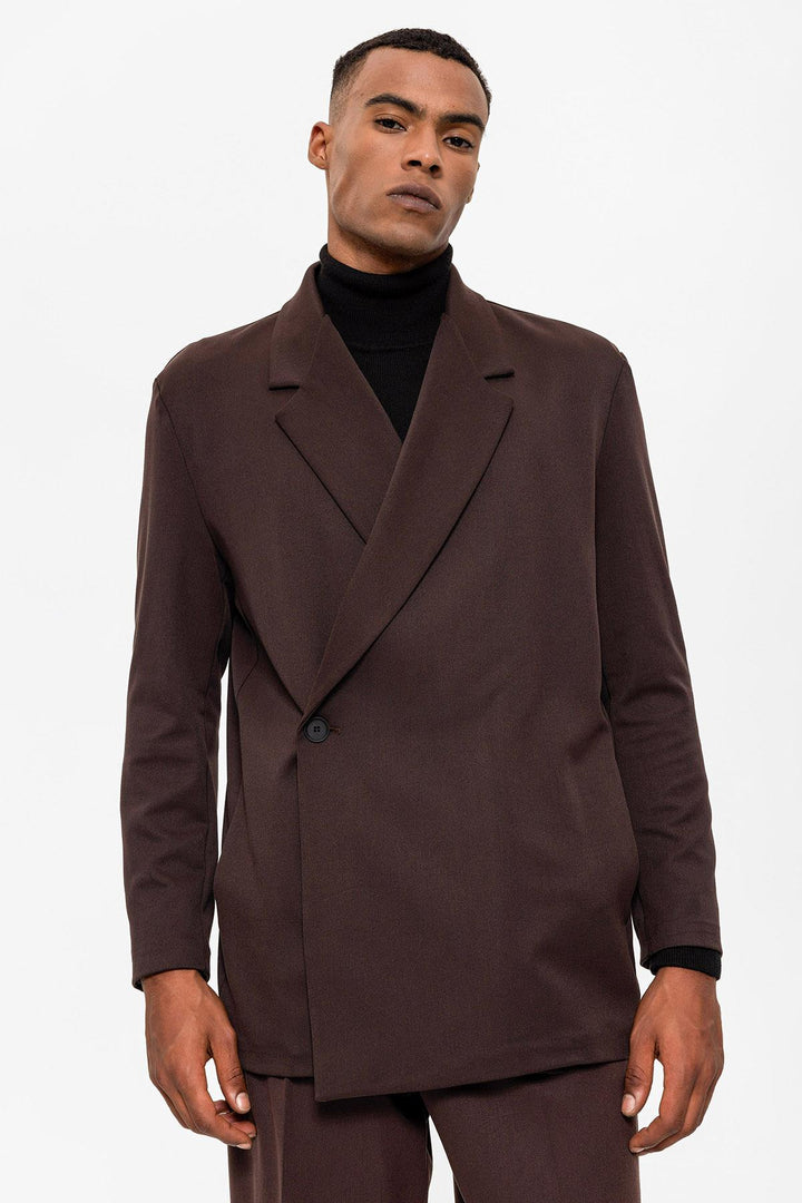 Men's Dark Brown Double Breasted Closure Hidden Pocket  Blazer Jacket - Wessi