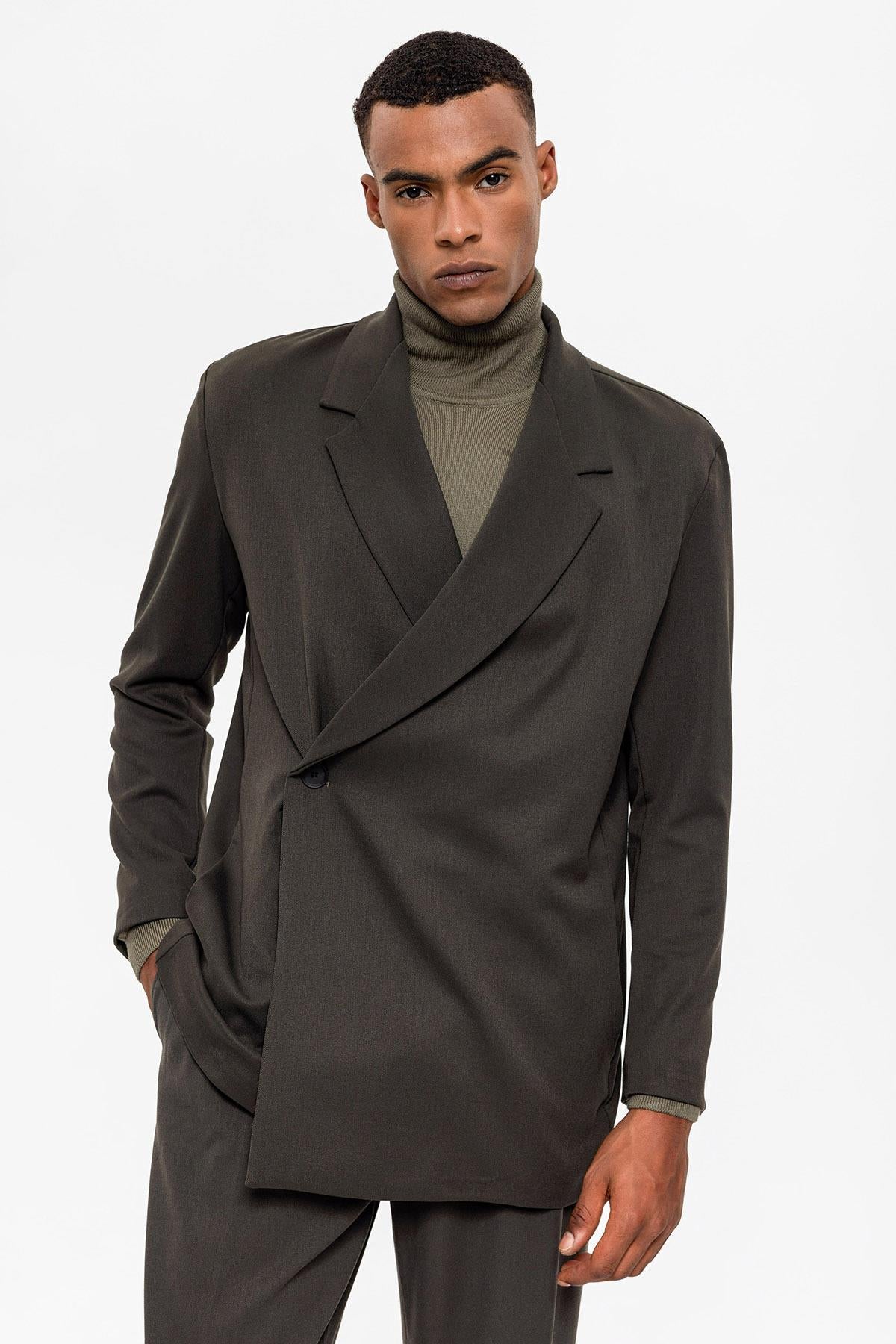 Men's Khaki Double Breasted Closure Hidden Pocket Blazer
