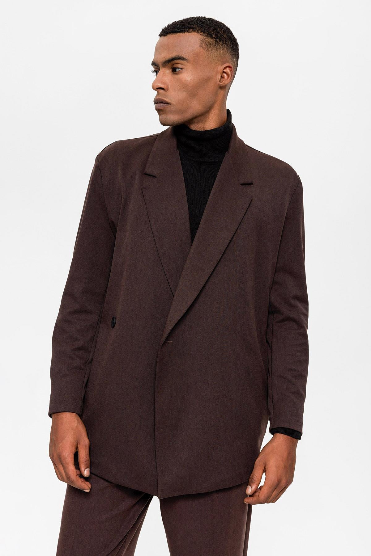 Men's Dark Brown Double-Breasted Hidden Pocket Blazer Jacket