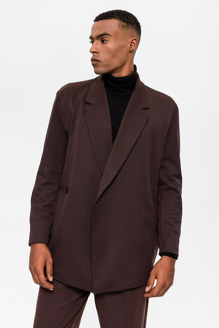 Men's Dark Brown Double Breasted Closure Hidden Pocket  Blazer Jacket - Wessi