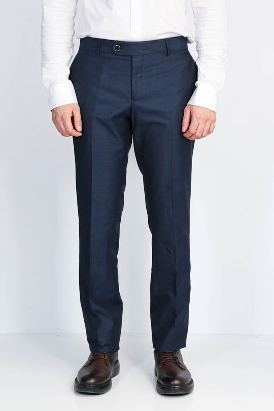 Navy Textured Slim Fit Dress Trousers – Wessi