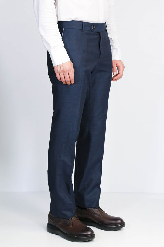 Navy Textured Slim Fit Dress Trousers – Wessi