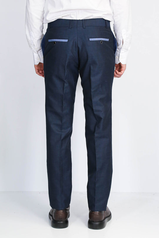 Navy Textured Slim Fit Dress Trousers – Wessi