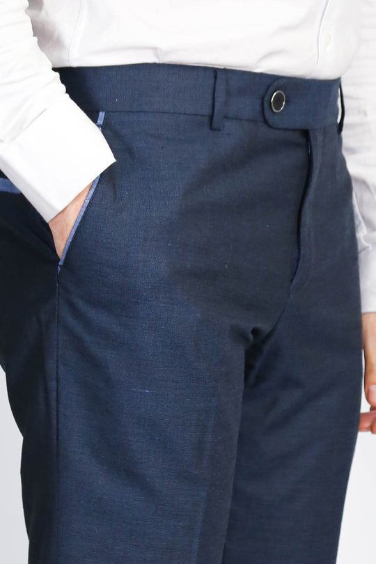 Navy Textured Slim Fit Dress Trousers – Wessi