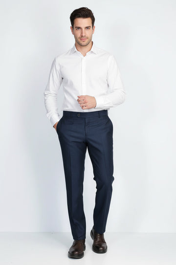 Navy Textured Slim Fit Dress Trousers – Wessi