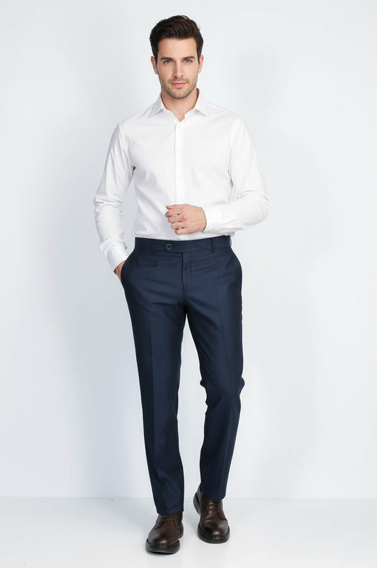 Navy Textured Slim Fit Dress Trousers – Wessi