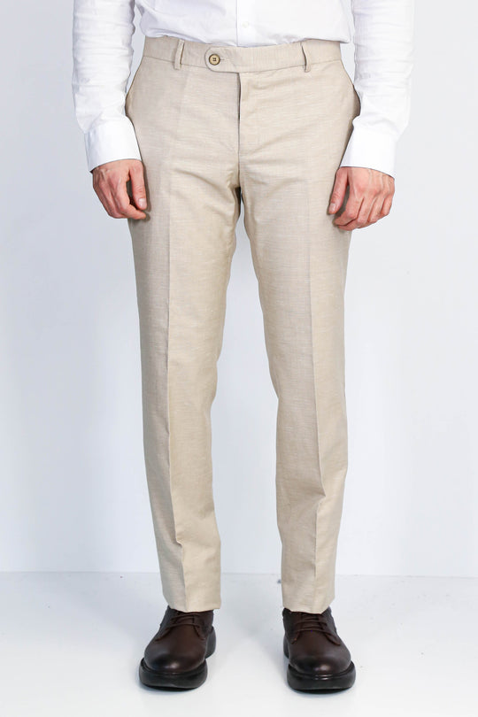 Beige Textured Slim Fit Dress Trousers – Wessi