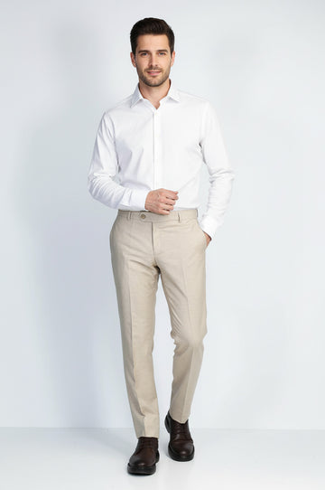Beige Textured Slim Fit Dress Trousers – Wessi