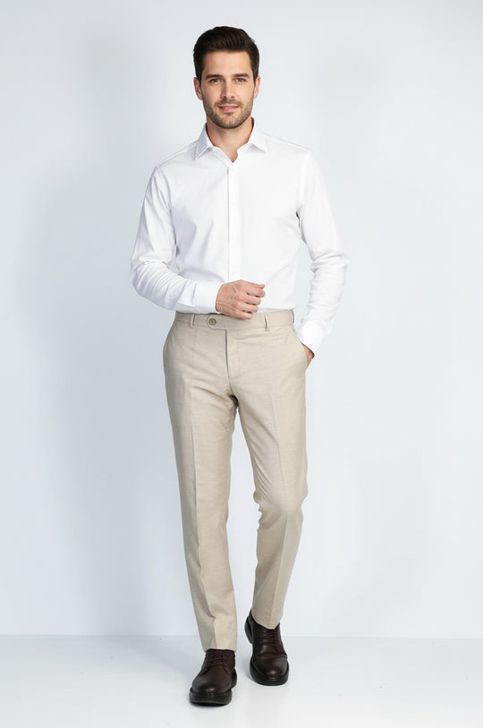 Beige Textured Slim Fit Dress Trousers – Wessi