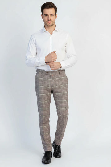 Burgundy Details Brown Checkered Fabric Trousers – Wessi