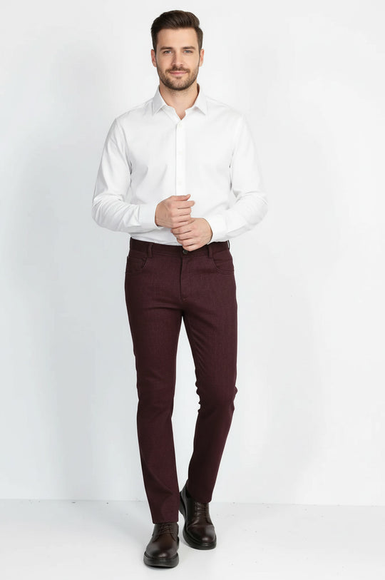 Burgundy Slim Fit Micro Pattern Classic Dress Trousers – Wessi